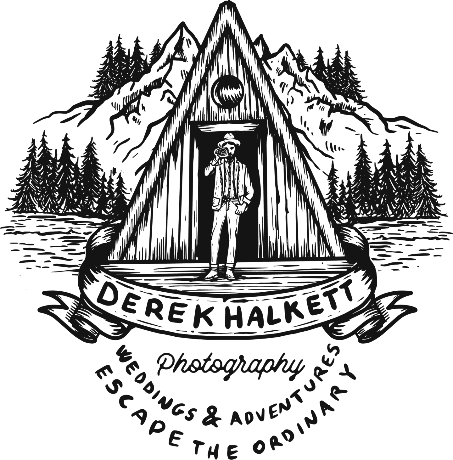 Hand-drawn image of a triangular mountain scene with a person inside. Trees and mountains in the background. Text reads, Derek Halkett Photography - Smoky Mountain Wedding Photographer - Weddings & Adventures - Escape the Ordinary.