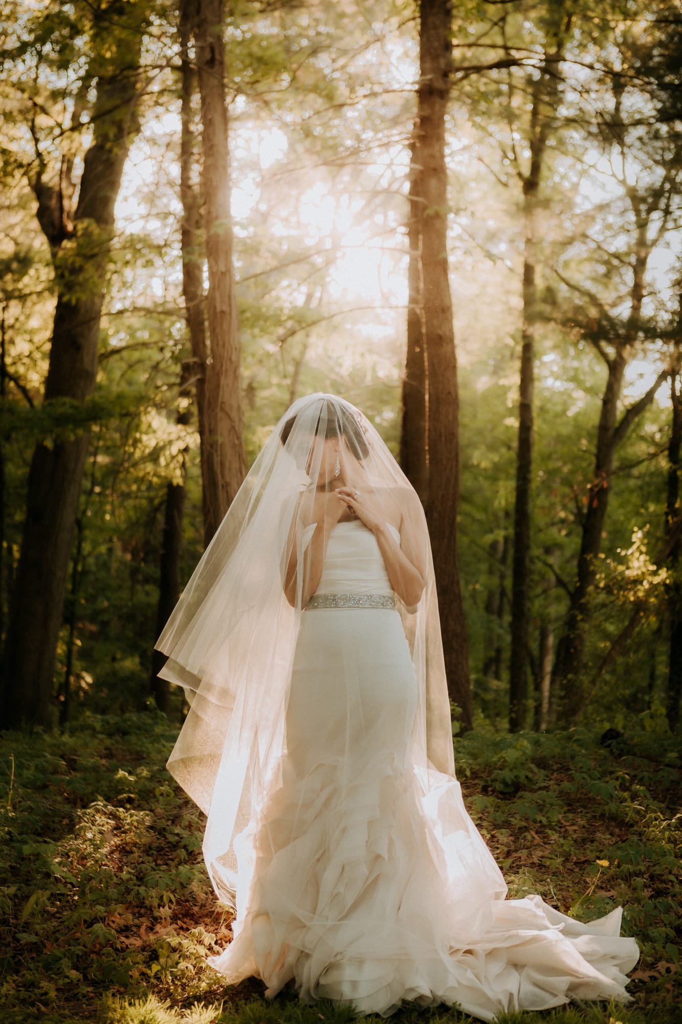 A bride in a white gown stands in a sunlit forest, captured beautifully by a Smoky Mountain Wedding Photographer. She holds her long veil with both hands as sunlight streams through the trees, creating a serene and ethereal atmosphere.