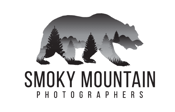 Silhouette of a bear walking with a landscape design inside featuring mountains and trees. Below the bear, the text reads About Smoky Mountain Photographers.