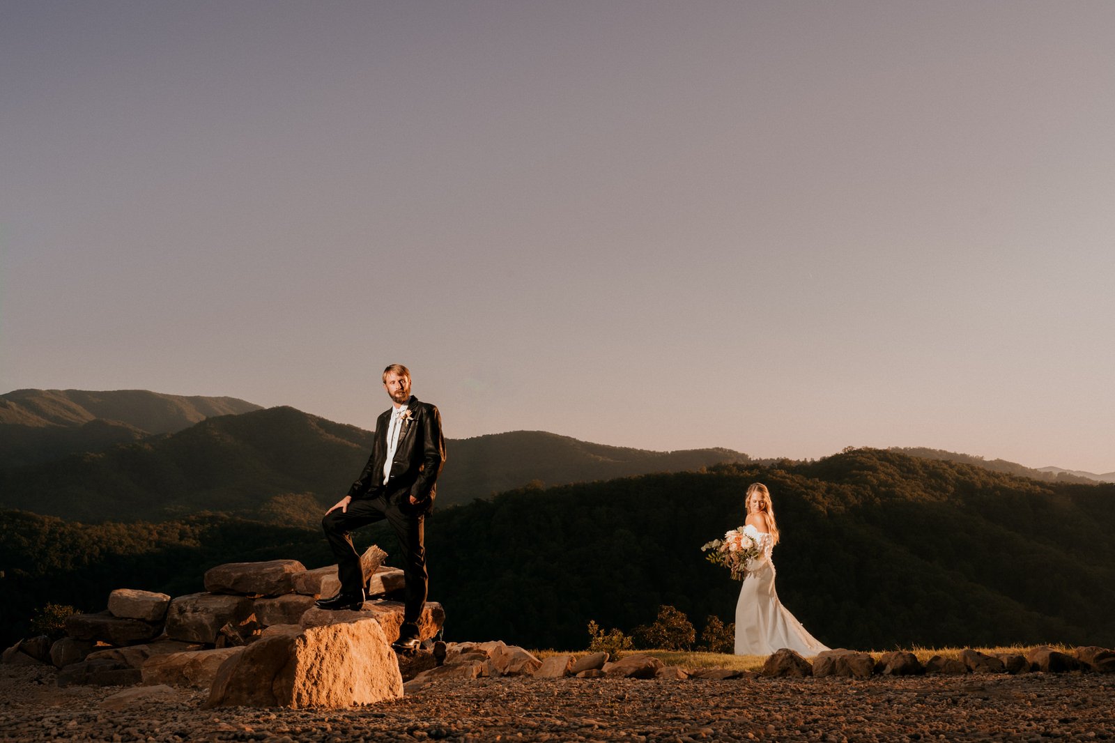 Smoky Mountain Sunset Wedding Couple